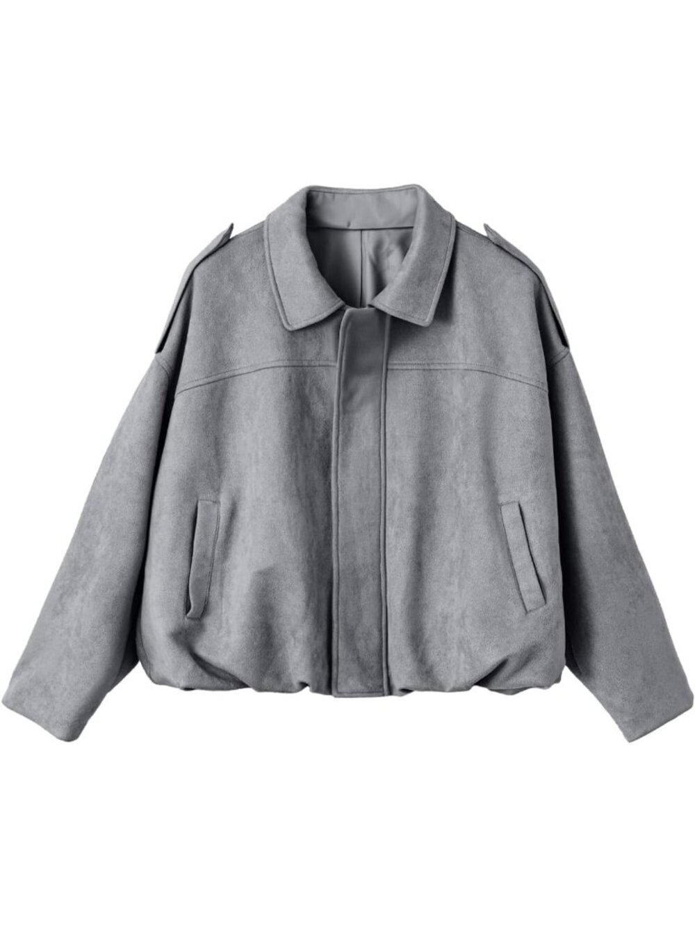 Women's Medium Grey Faux Suede Cropped Bomber Jacket Long Sleeve Zip Up Coat